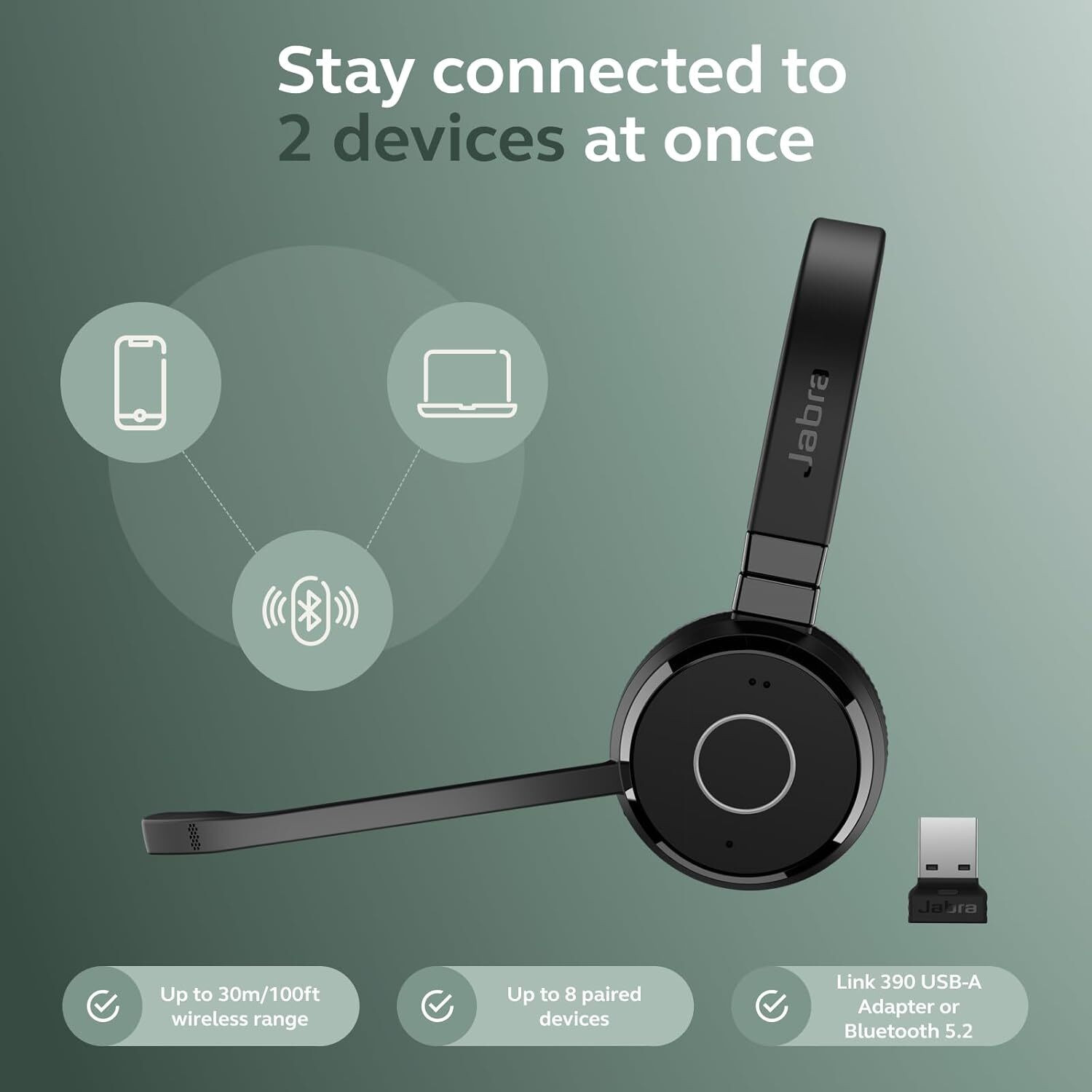 Image of JABRA Evolve 65 TE MS Bluetooth Office Headset with Mic, USB-A Link Bluetooth