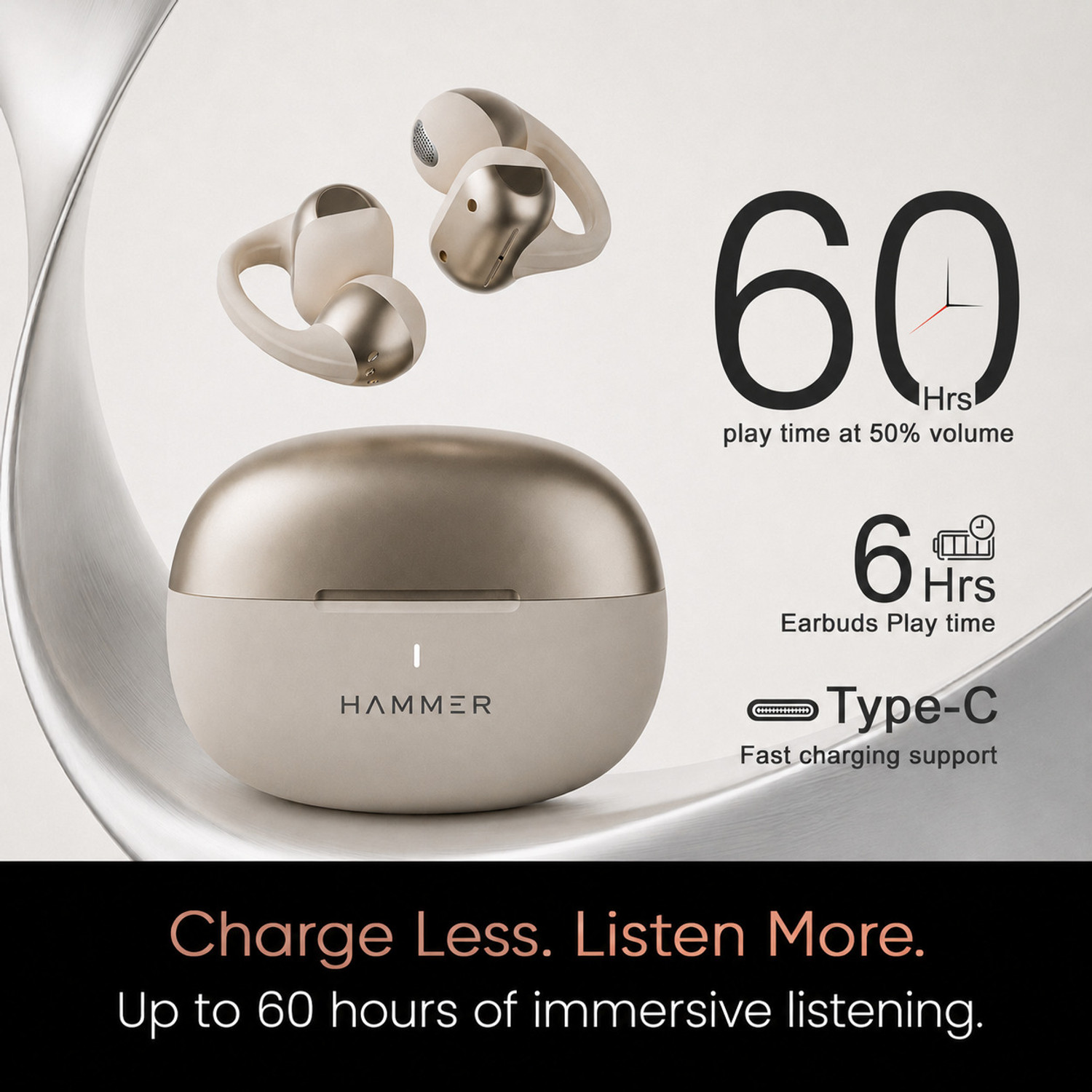 Image of Hammer Aura Air Open Ear Listening, 60 Hours Playtime, ENC, OWS, V6.0 Bluetooth