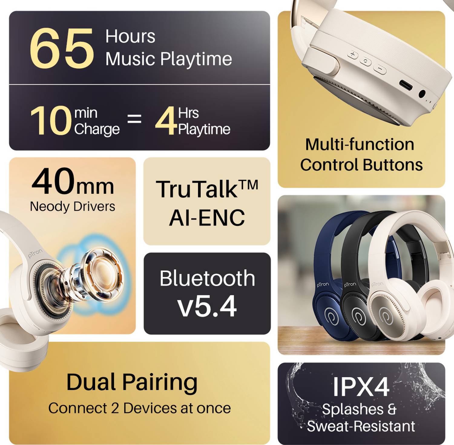 PTron Studio Pro Bluetooth Headphones - Image 2