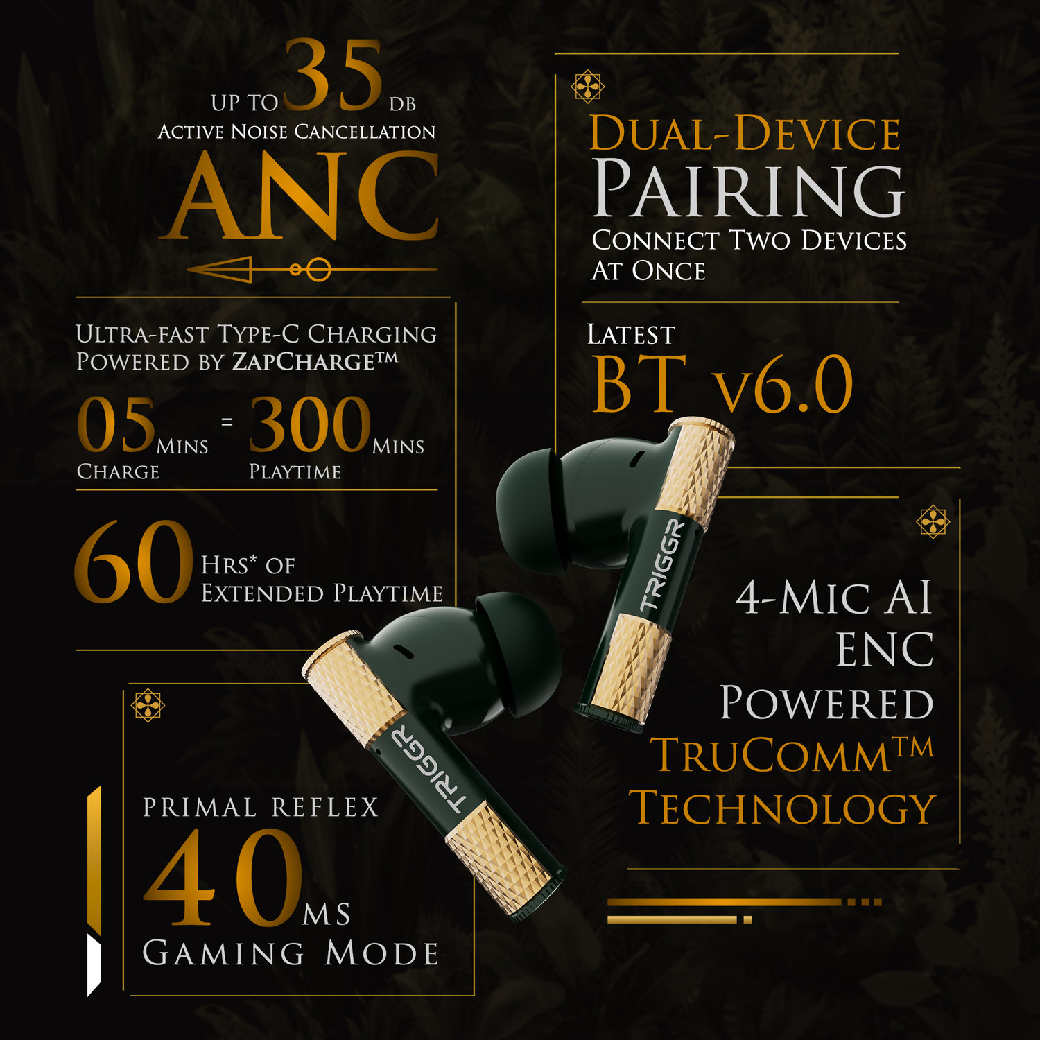Image of TRIGGR Wukong 35dB ANC, 4-mic ENC, Dual Pairing, 60H Battery, Monkey-king Design, v6.0 Bluetooth