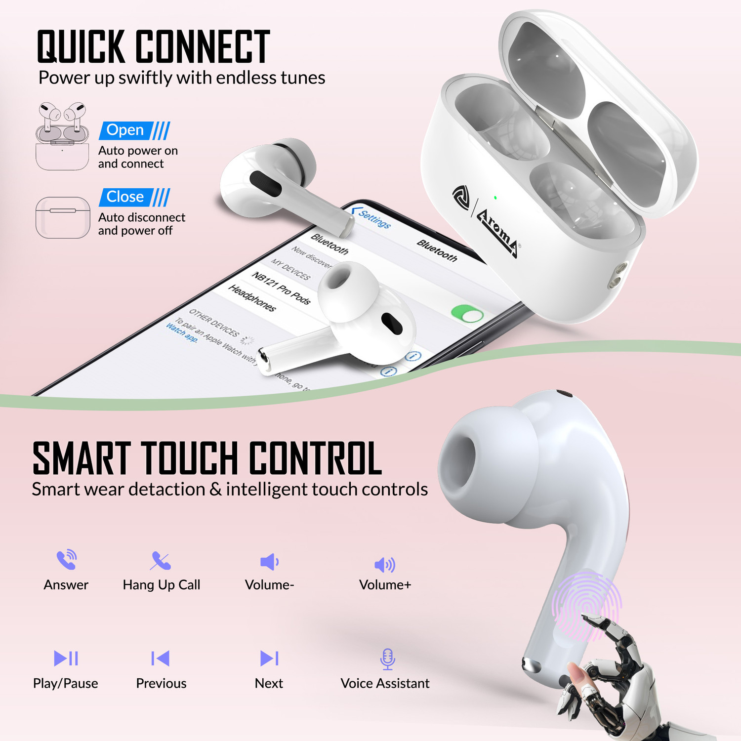Image of Aroma NB121 Pro Pods Upto 40 Hours Playtime* Dual Pairing, Fast Charging Earbuds Bluetooth Headset