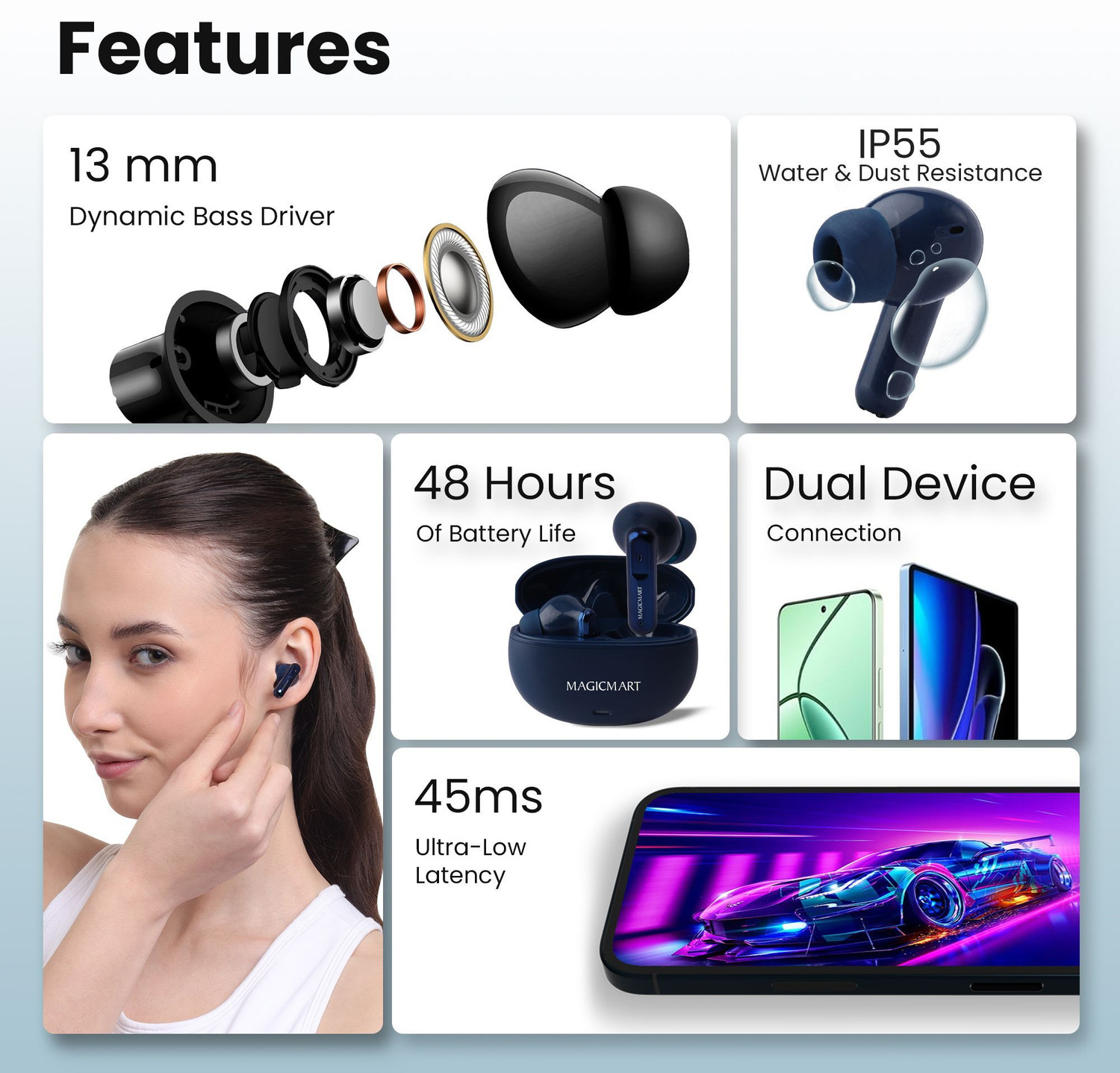 Image of MAGICMART New 151 Earbuds Hd Sound & 40hr Playtime, Dual Pairing 4 Mic ENC, Bluetooth