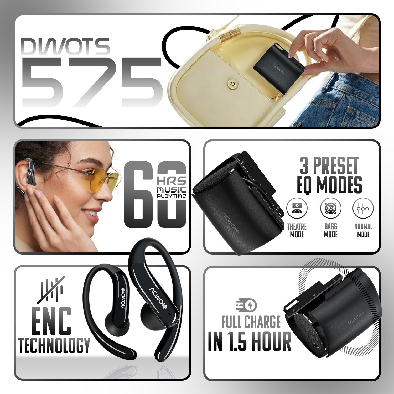 Image of ACwO DwOTS 575 Open Ear Wireless Ear buds, 60H Playtime, ENC, 10mm Drivers, IPX5 Bluetooth