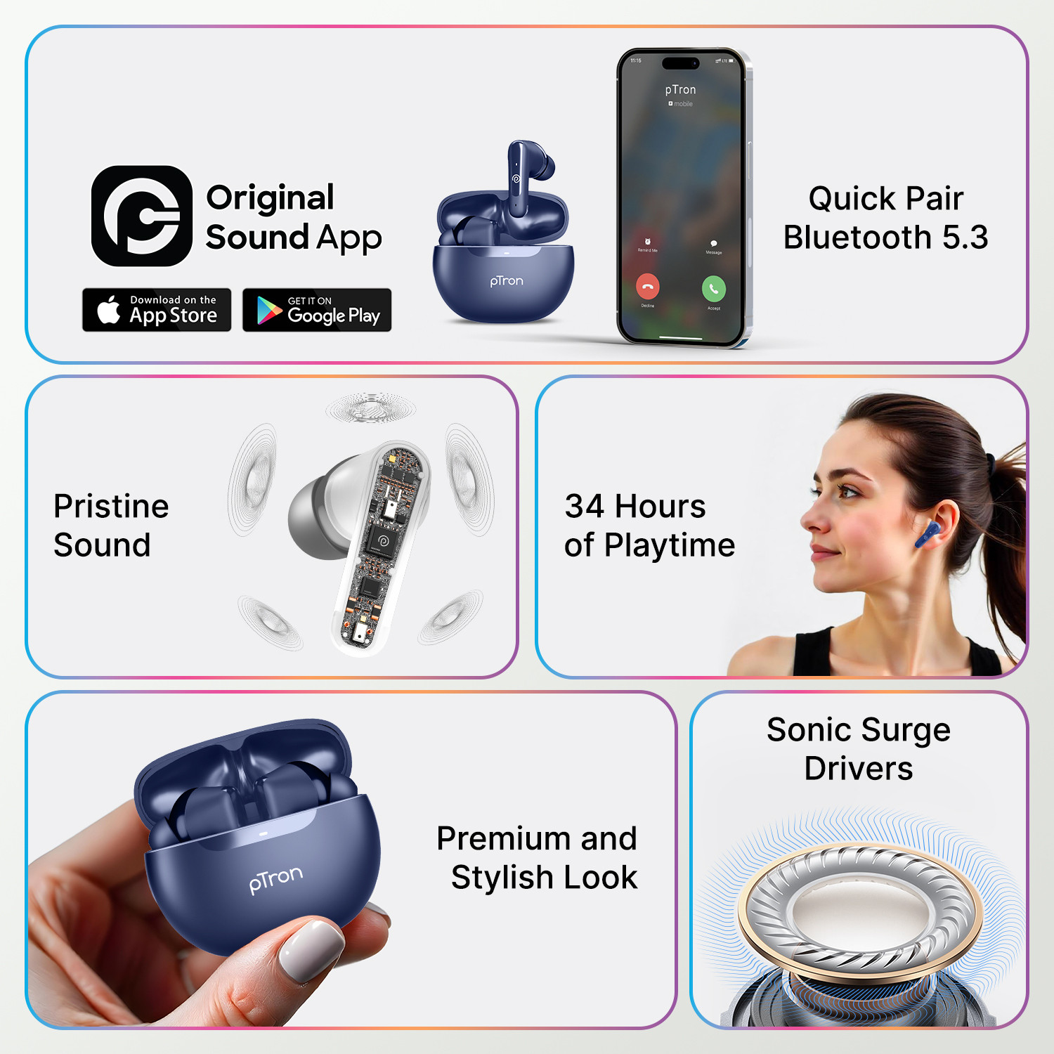 Image of PTron Bassbuds Vibe w / 34hrs Playtime, Mobile App, Clear Calls, 13mm Drivers,BT5.3 Bluetooth