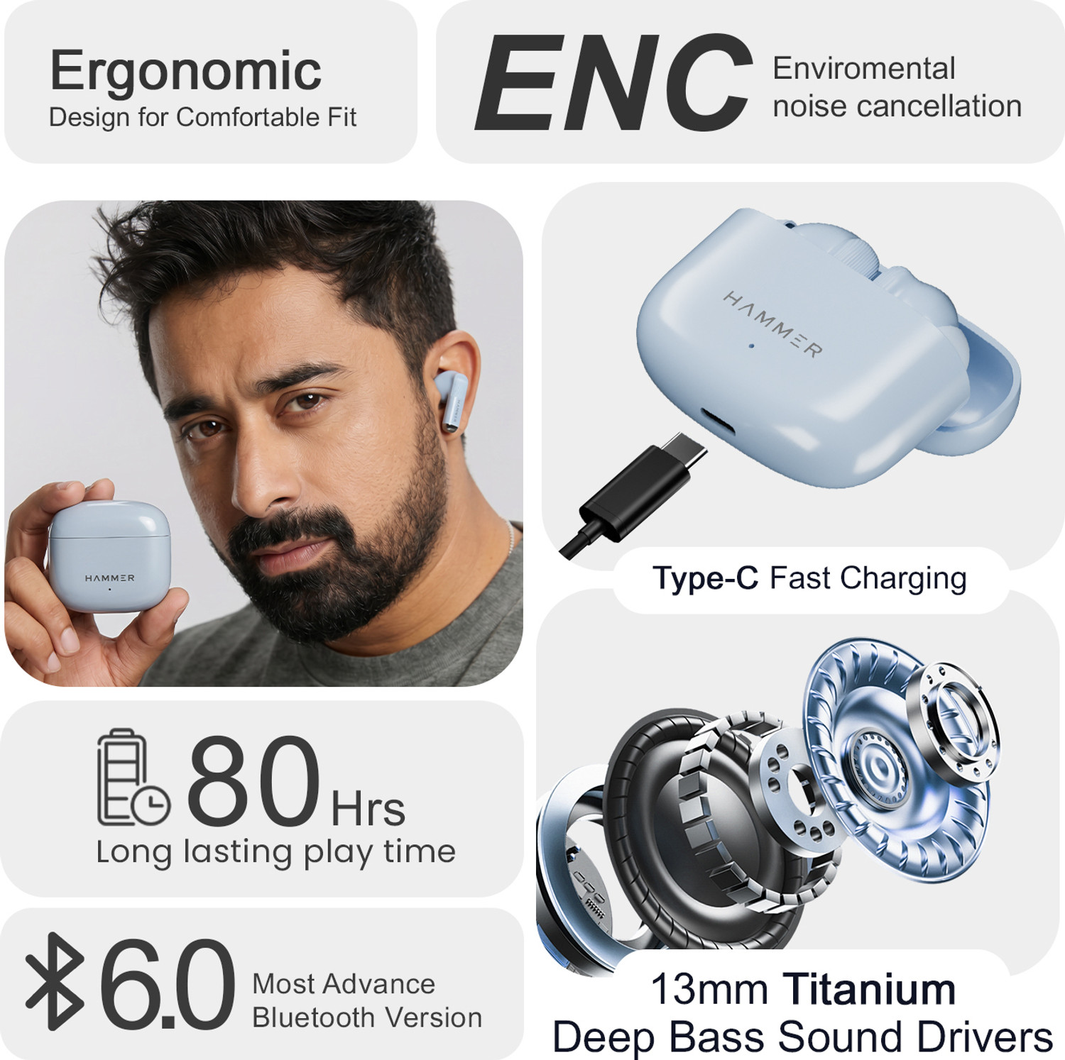 Image of Hammer Solo Earbuds with 80H Playtime, 13mm Titanium Driver Bluetooth