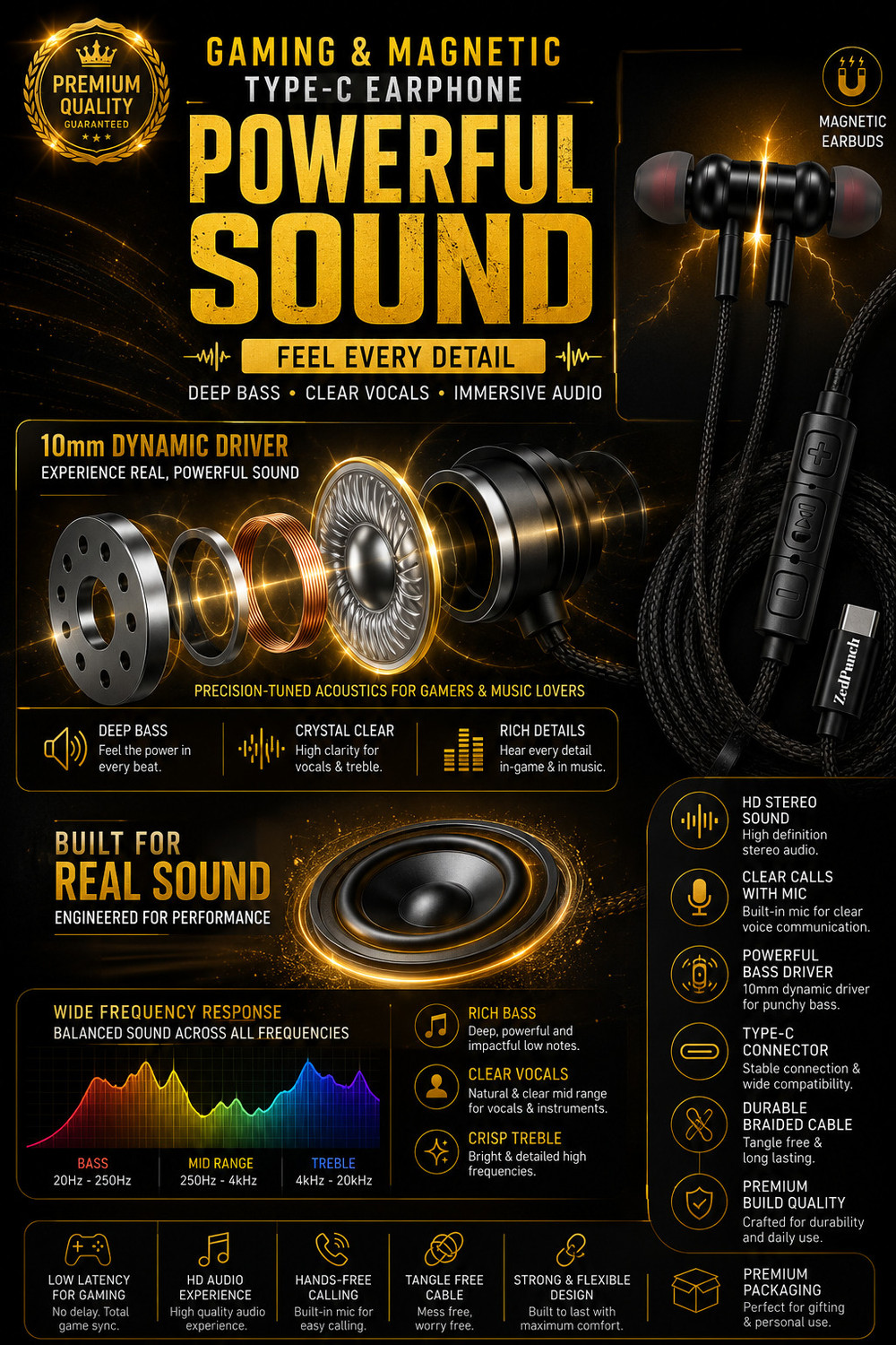 Image of ZedPunch Gaming Type C Wired Magnetic Earphones With Mic & 3 Button Control USB-C Device Wired Gaming