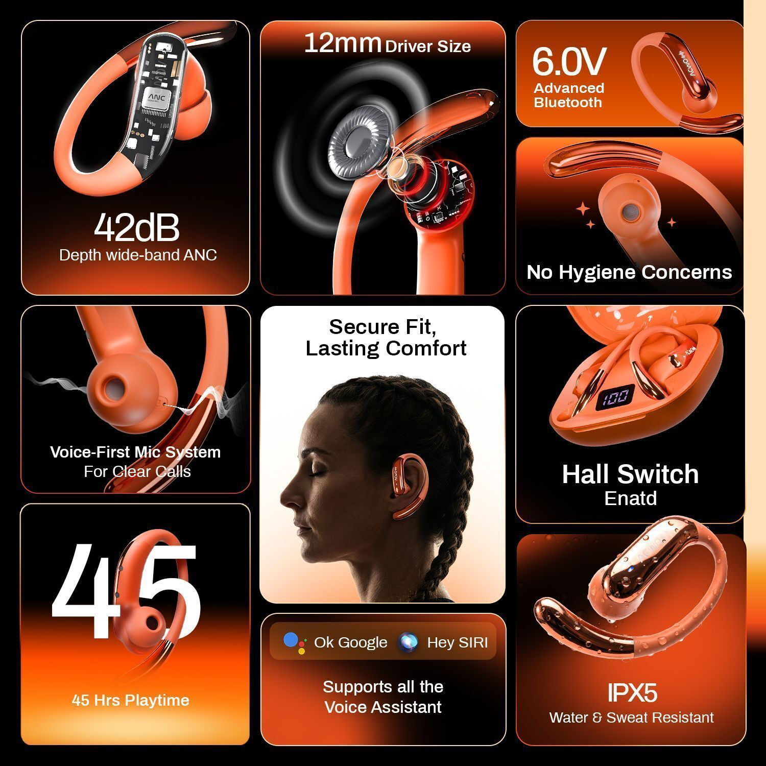 Image of ACwO DwOTS Sense Pro Open Ear Earbuds, ANC 42dB, 45H Playtime, Dual Pairing, Bt v6.0 Bluetooth