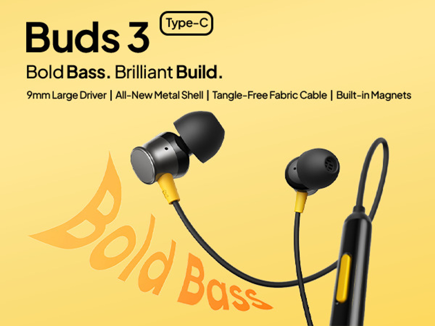 Image of varchoo Realme Buds 3 Type-C Earphone Black and yellow Magnetic Wired