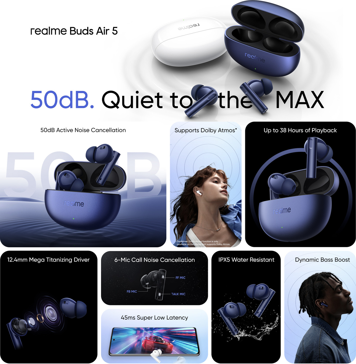 Image of realme Buds Air 5 with 50dB ANC, 12.4mm Dynamic Bass Driver and upto 38 hours Playback Bluetooth