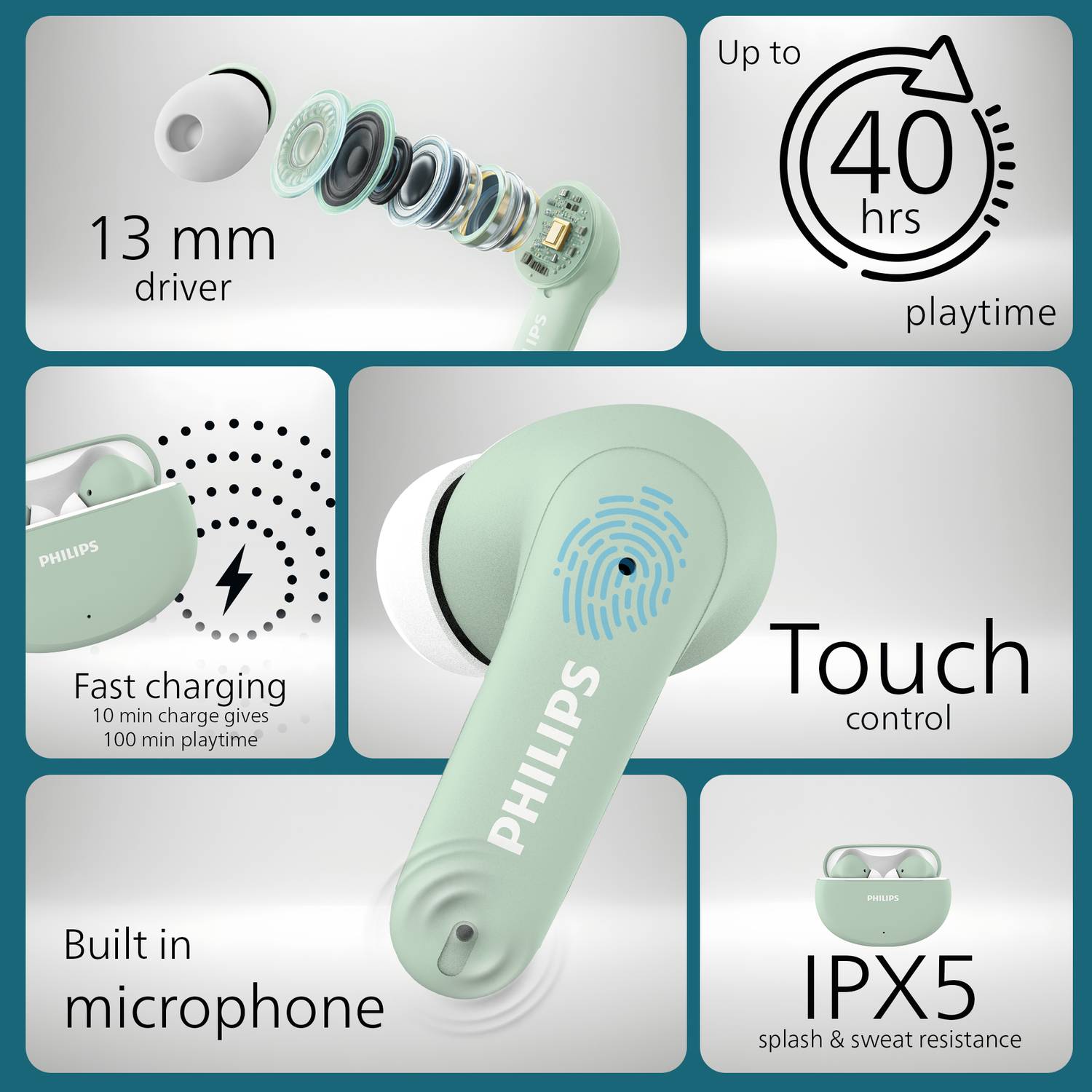 Philips TAT1269 TWS Earbuds, 40H Playtime, Frosty Green - Image 3