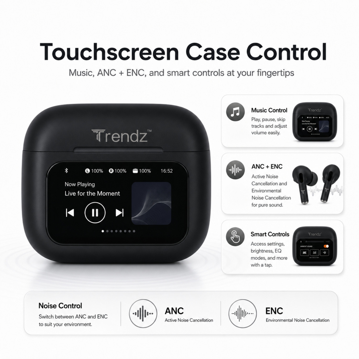 Image of Trendz AeroX P6Y0T SmartTouchScreen Earbuds BTv5.4 ANC ENC Quad Mic 13mm Driver 50Hrs IPX5 Bluetooth Headset (Pulse black, True Wireless)