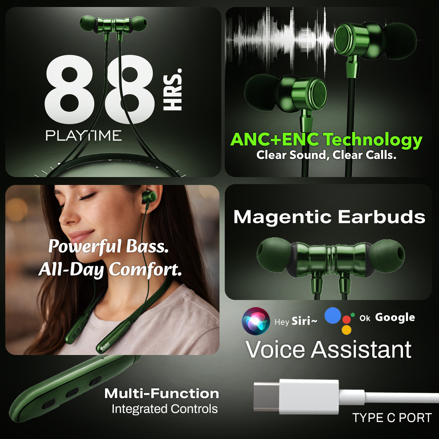 Image of Soroo Future Wireless Bluetooth Neckband with 88H Playback, ENC Mic, Fast Charging, Deep Bass Bluetooth