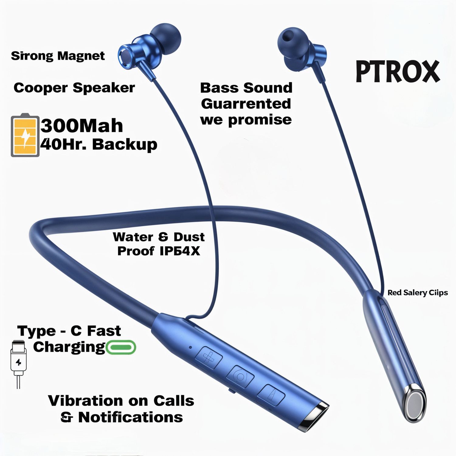 Image of PTROX Vibration Alert, 48 Hours Playtime, ENC, HD Sound Quality & Stereo Bass PTB8 Bluetooth