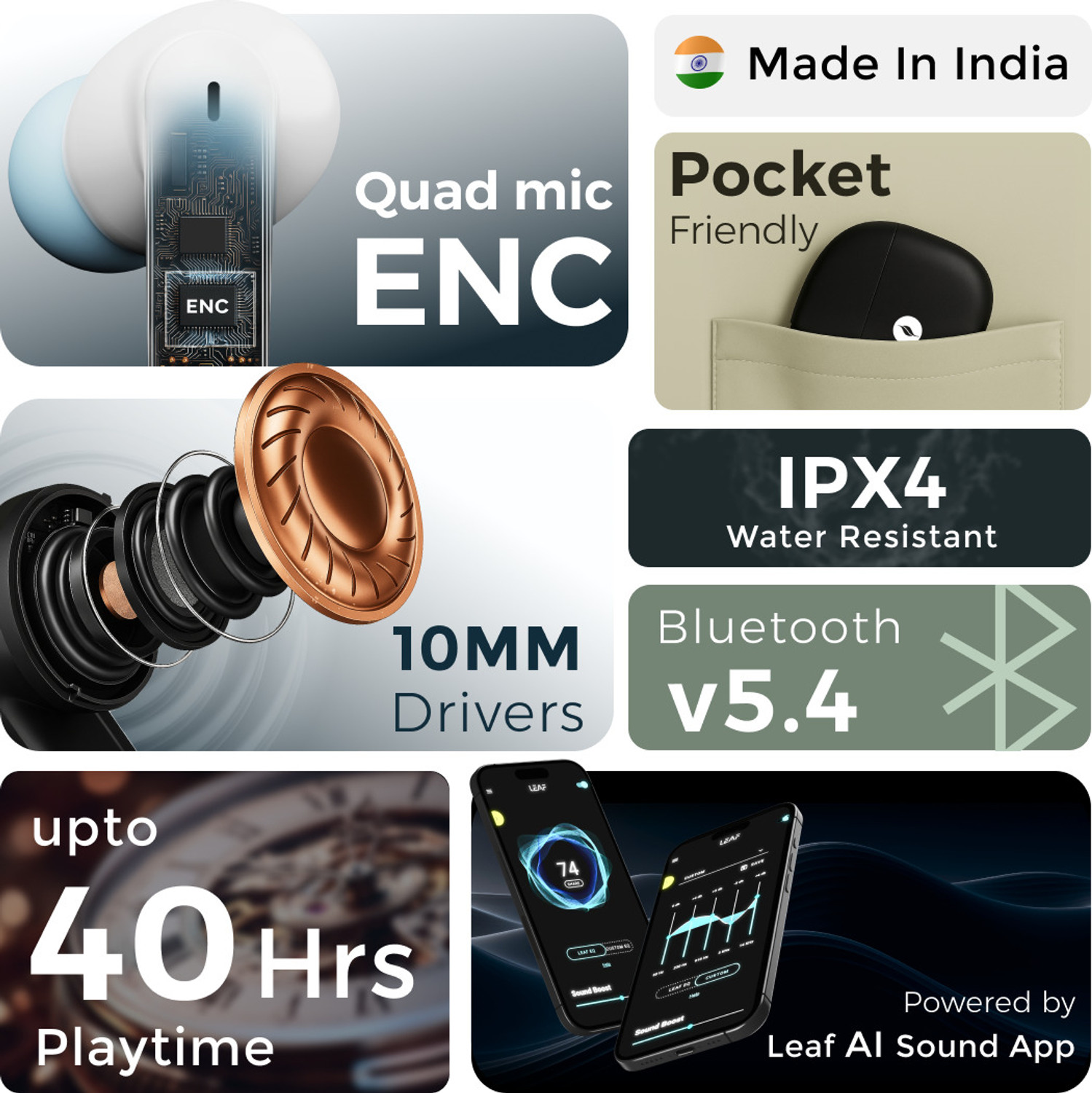 Image of Leaf Buds X334True Wireless, AI SOUND App, 50H Playtime, 10mm Driver, IPX4, BT v5.4 Bluetooth