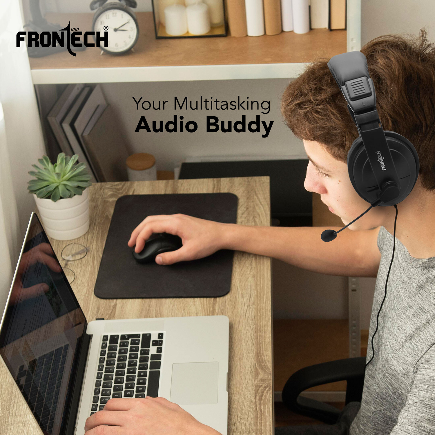 Image of Frontech HF-3442 Multimedia Headphone with Mic|3.5 mm|Leather Cushion| Adjustable Mic Wired