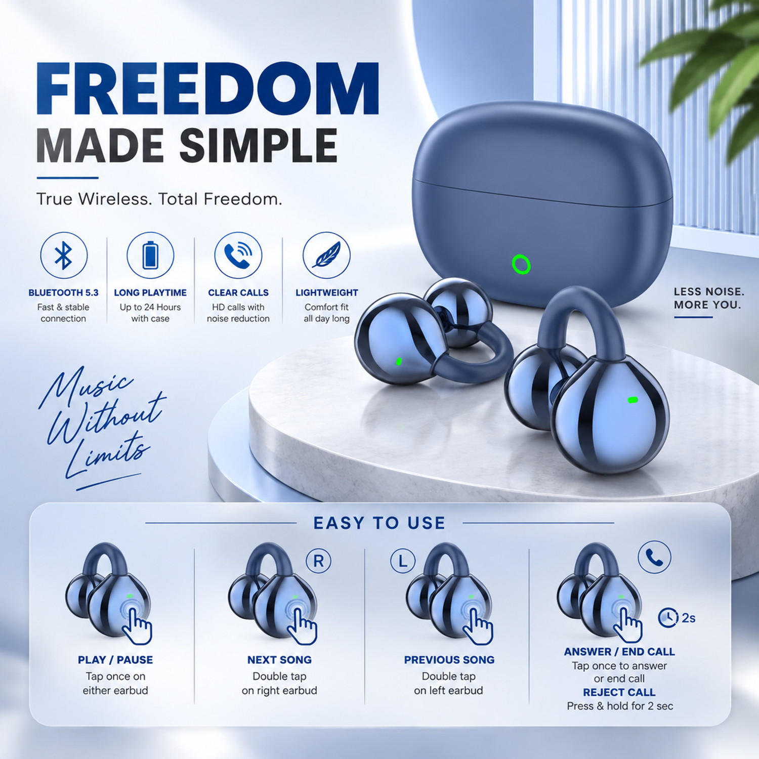 Image of AMS Air Clips OWS Pro Buds, 48Hrs Playtime, 360 Spatial Audio, Quad Mic ENC Bluetooth Headset (Blue, True Wireless)