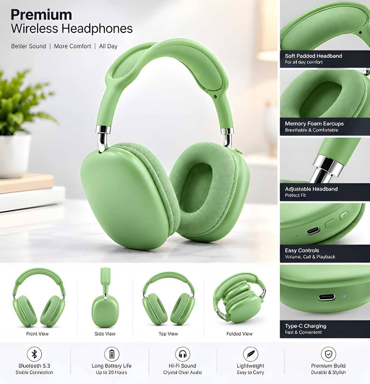 RAJUCO P9 Green Bluetooth Wireless Over Ear Headphones - Image 3