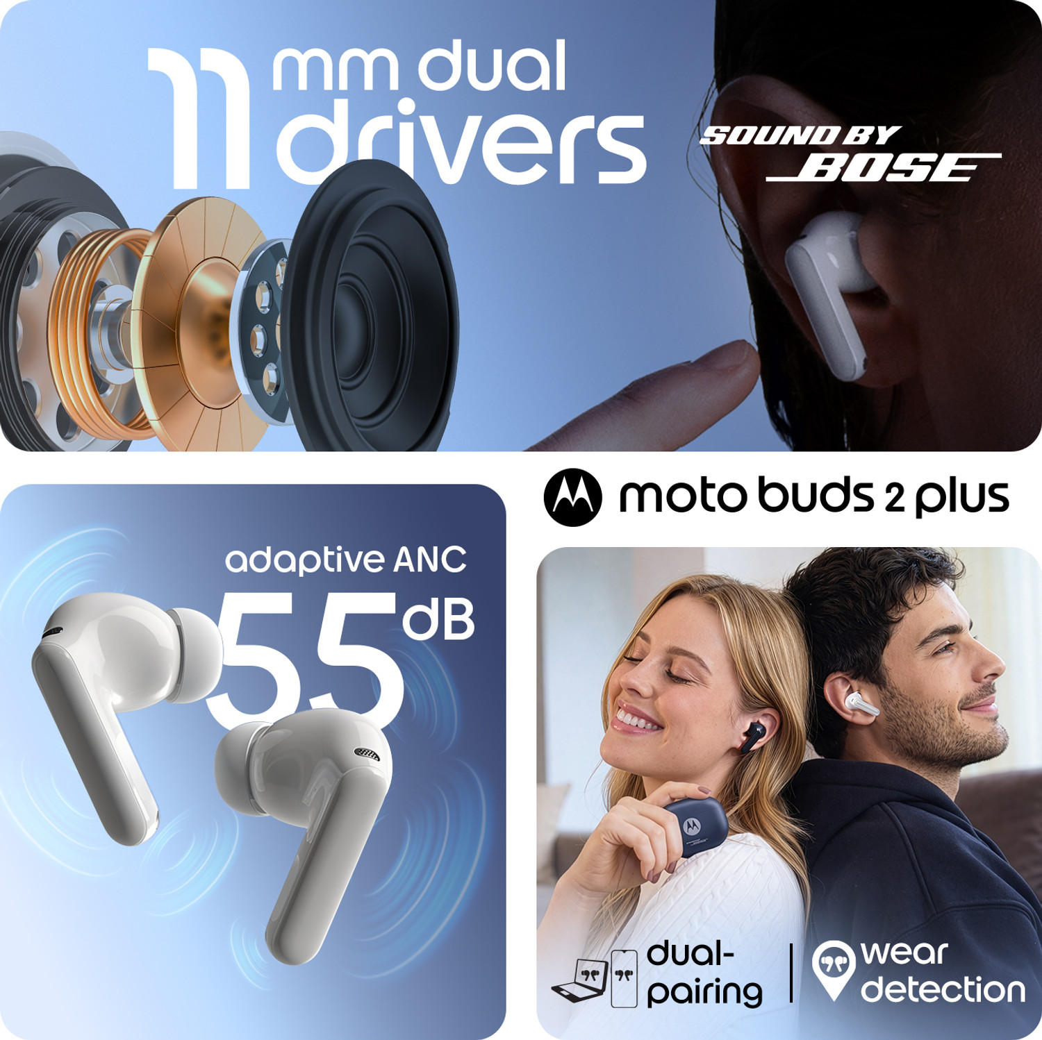 Image of MOTOROLA Buds 2 plus Sound by Bose, Adaptive 55dB ANC, Dual Drivers,Hi-Res,LHDC+LDAC,IP54 Bluetooth