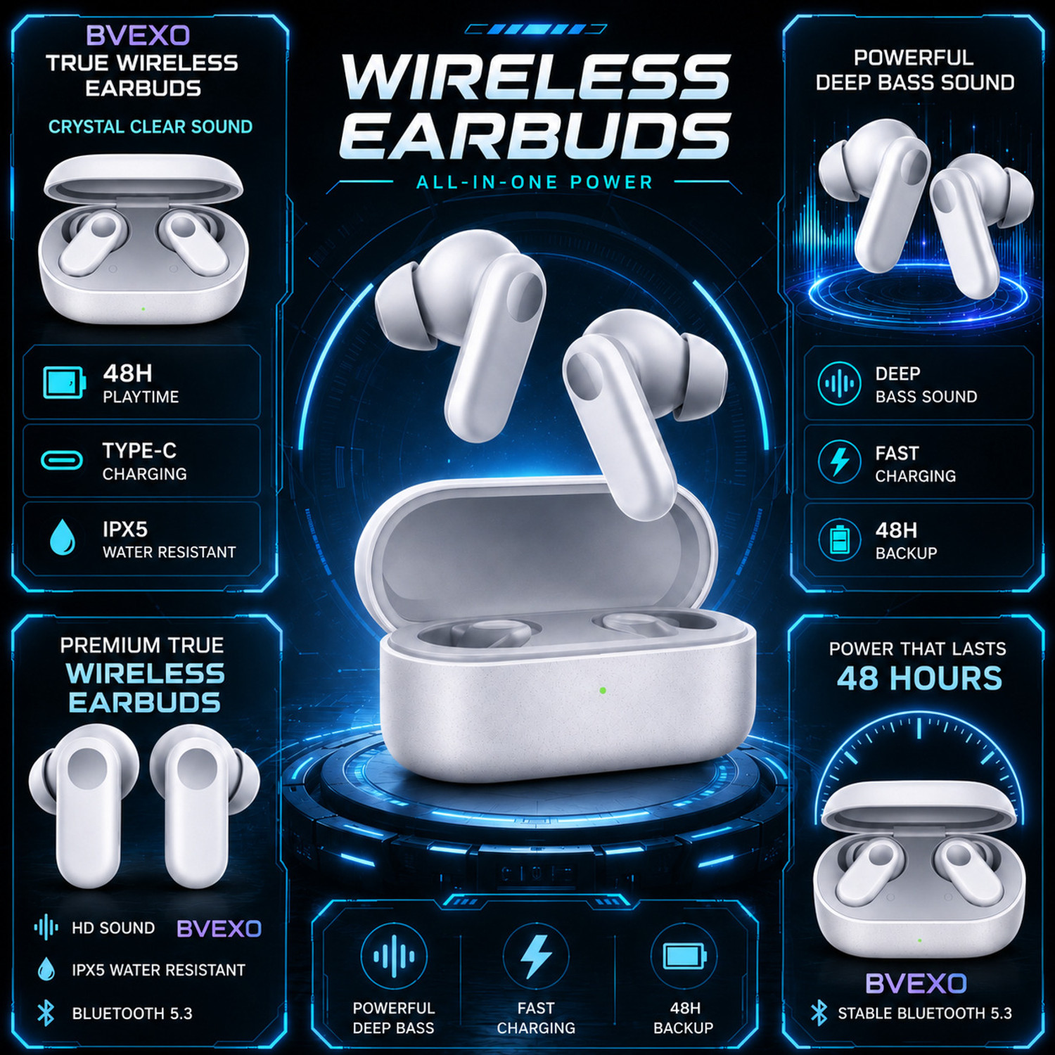 Image of BVEXO Nord CE 2 TWS Earbuds up to 48HR Playback, Ai Mic Clear Call 3D Spatial Audio-34 Bluetooth