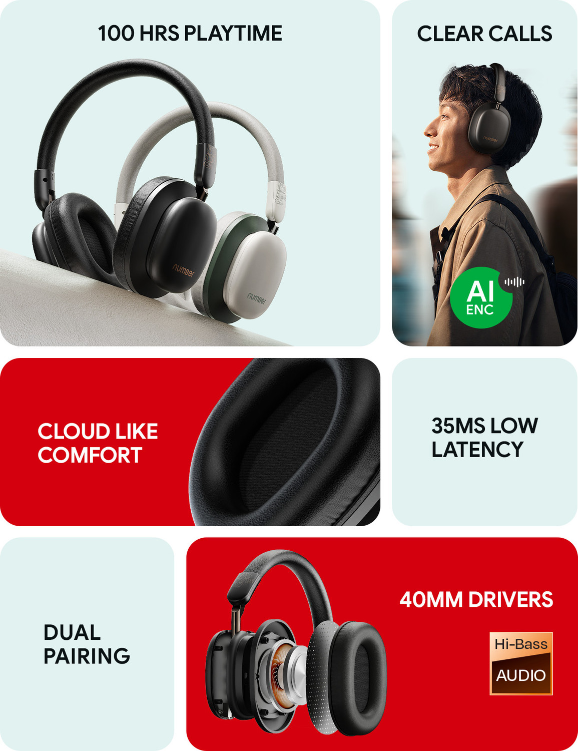 Image of Number Headit Pro 100H Battery, Dual Pairing, 40mm Hi-Bass Drivers, AI ENC, 35ms Gaming Bluetooth & Wired
