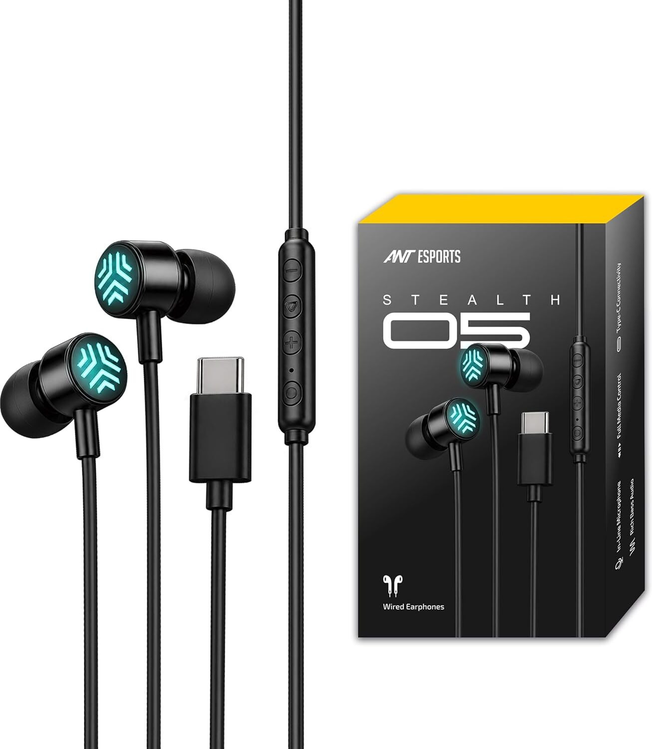 Image of Ant Esports Stealth 05 USB-C Wired Earphones with Mic, Dual 10mm Drivers, RGB, Black Wired