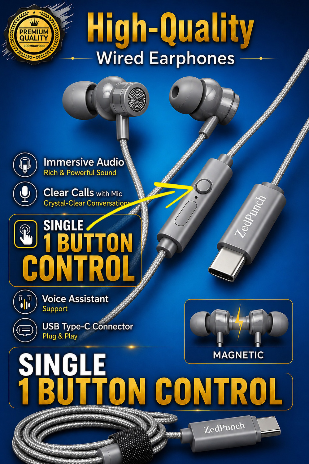Image of ZedPunch Gaming Type-C Wired Magnetic Earphones With Mic & 1 Button Control USB-C Device Wired Gaming