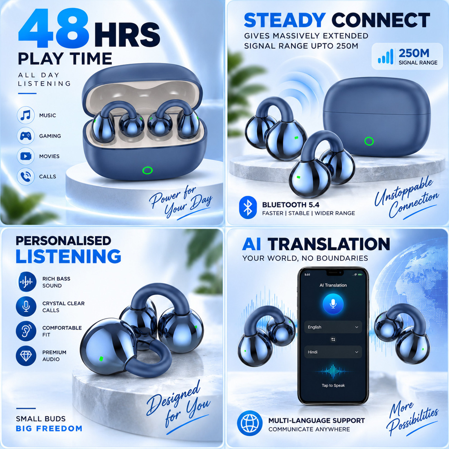 Image of AMS Air Clips OWS Pro Buds, 48Hrs Playtime, 360 Spatial Audio, Quad Mic ENC Bluetooth Headset (Blue, True Wireless)
