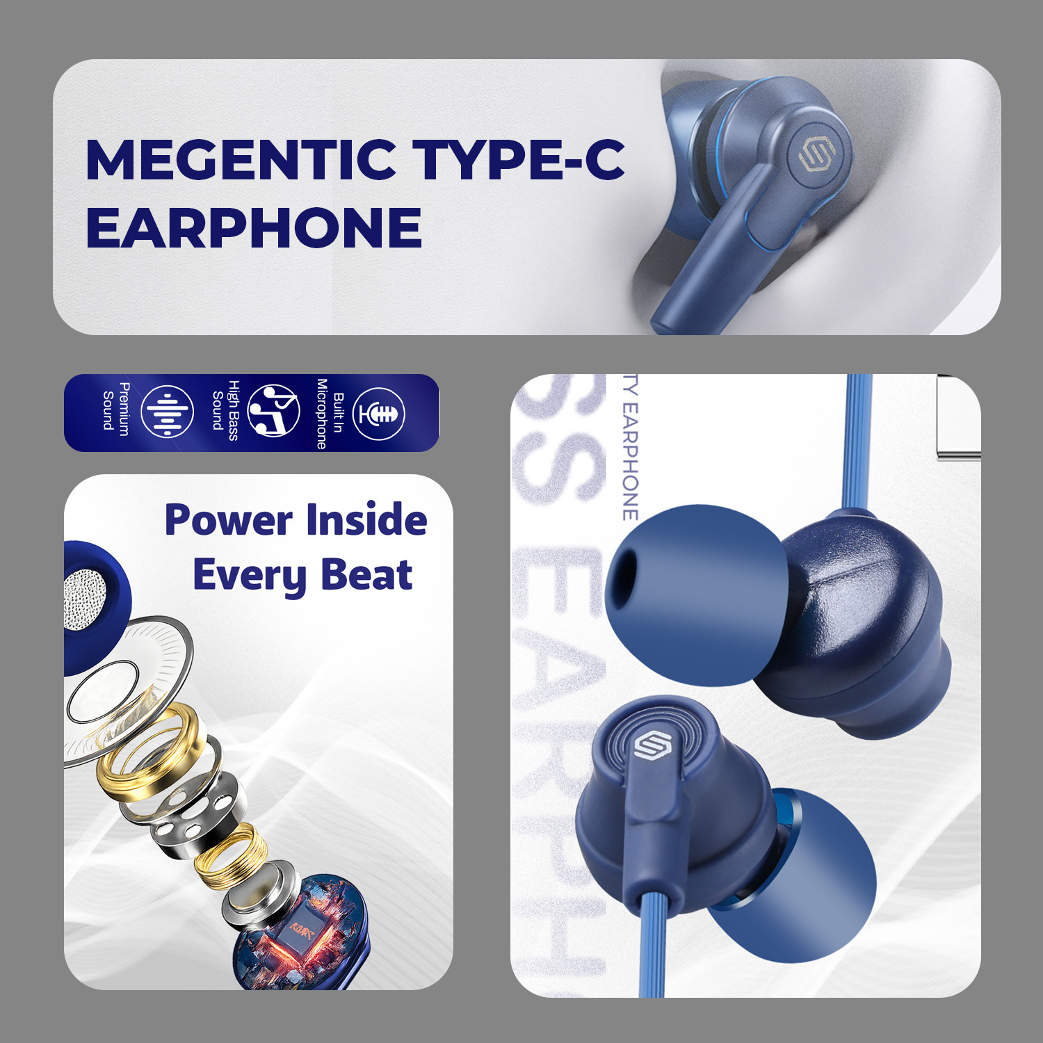 Image of Soroo Future Type-C Wired Earphones with HD Sound, In-Line Mic & Tangle-Free Magnetic Earbud Wired