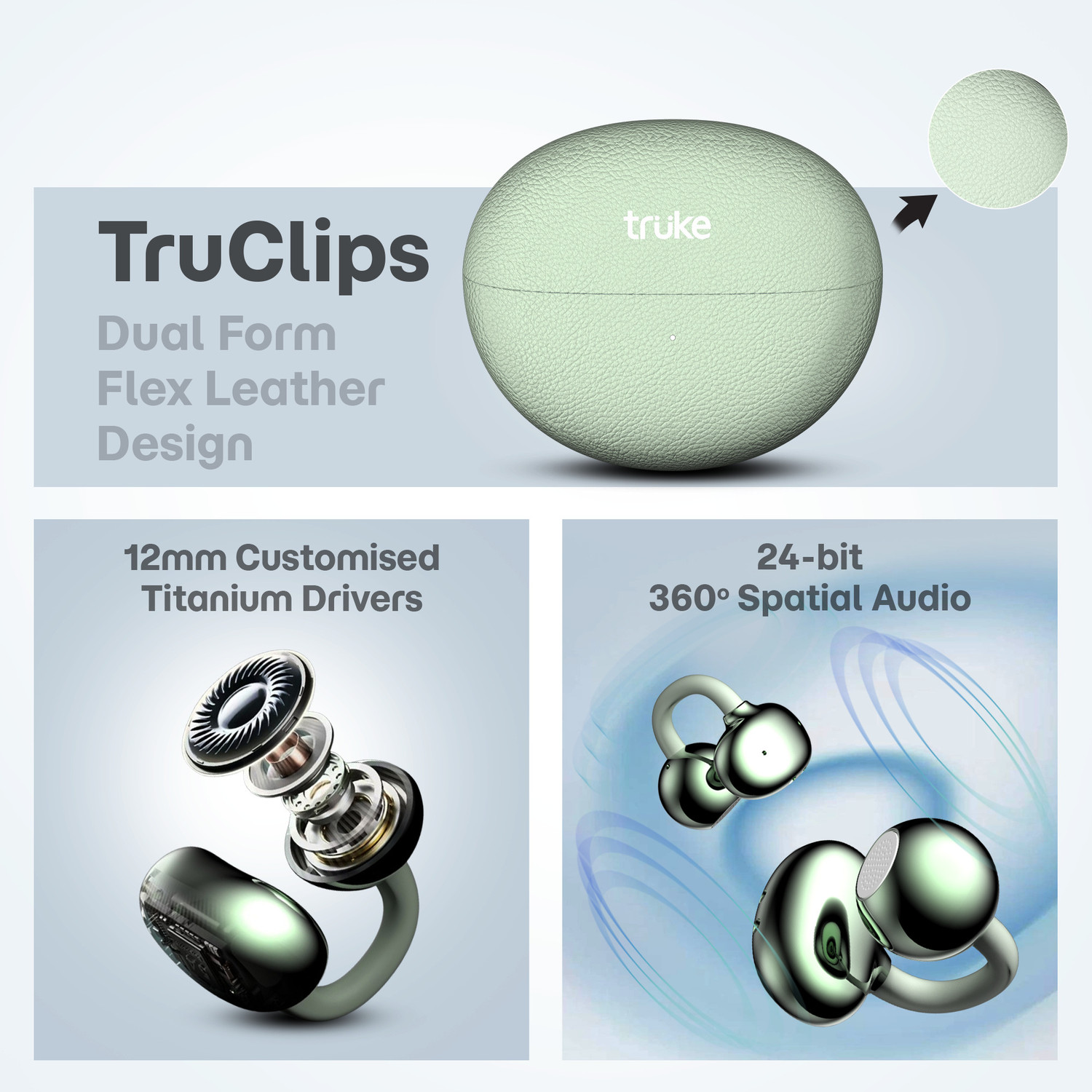 Image of truke Truclips OWS Earbuds, 12mm Customized Drivers, 360 Spatial Audio, Quad Mic ENC, Bluetooth