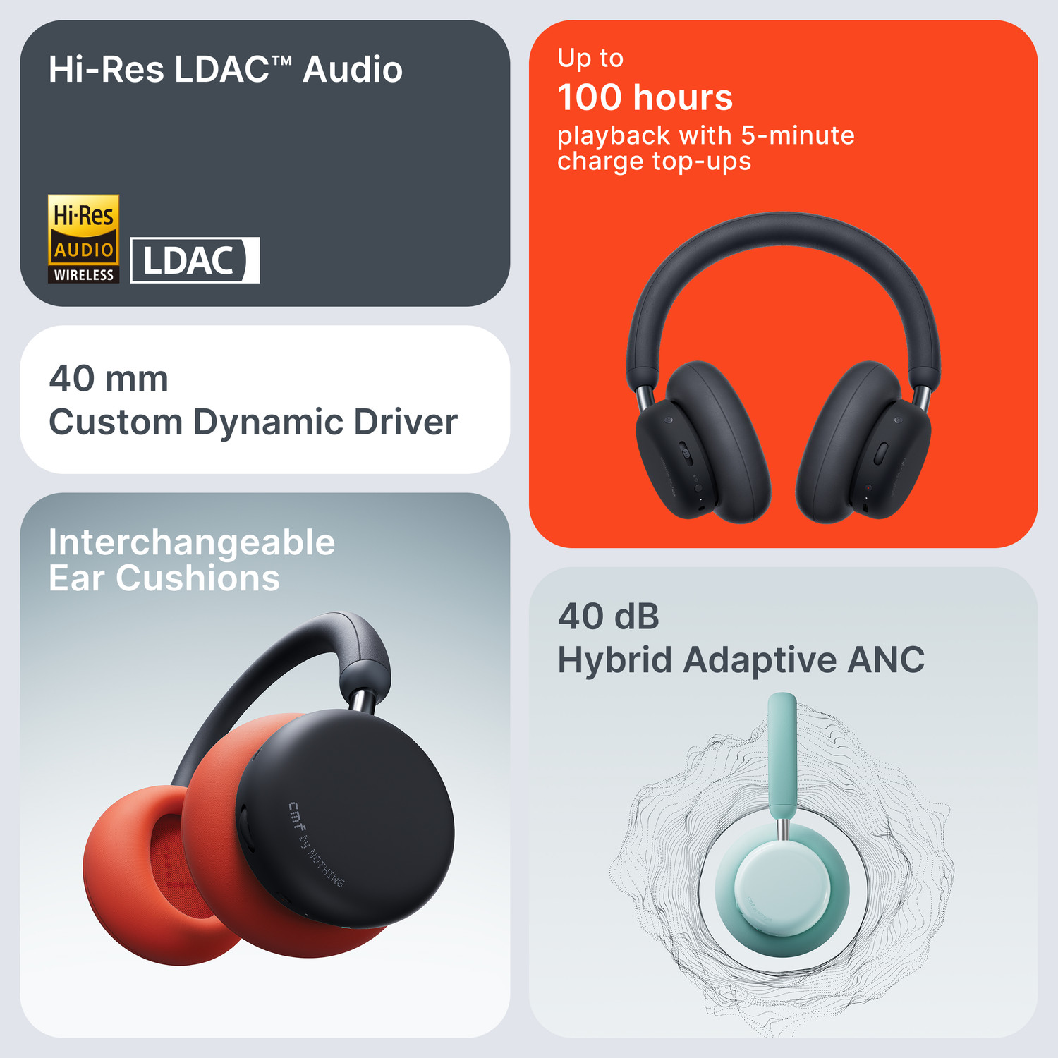 Image of CMF by Nothing Headphone Pro, Hi-Res+LDAC|100hrs Playback|40dB ANC|5min=8hrs Charge|40mm Driver Bluetooth & Wired