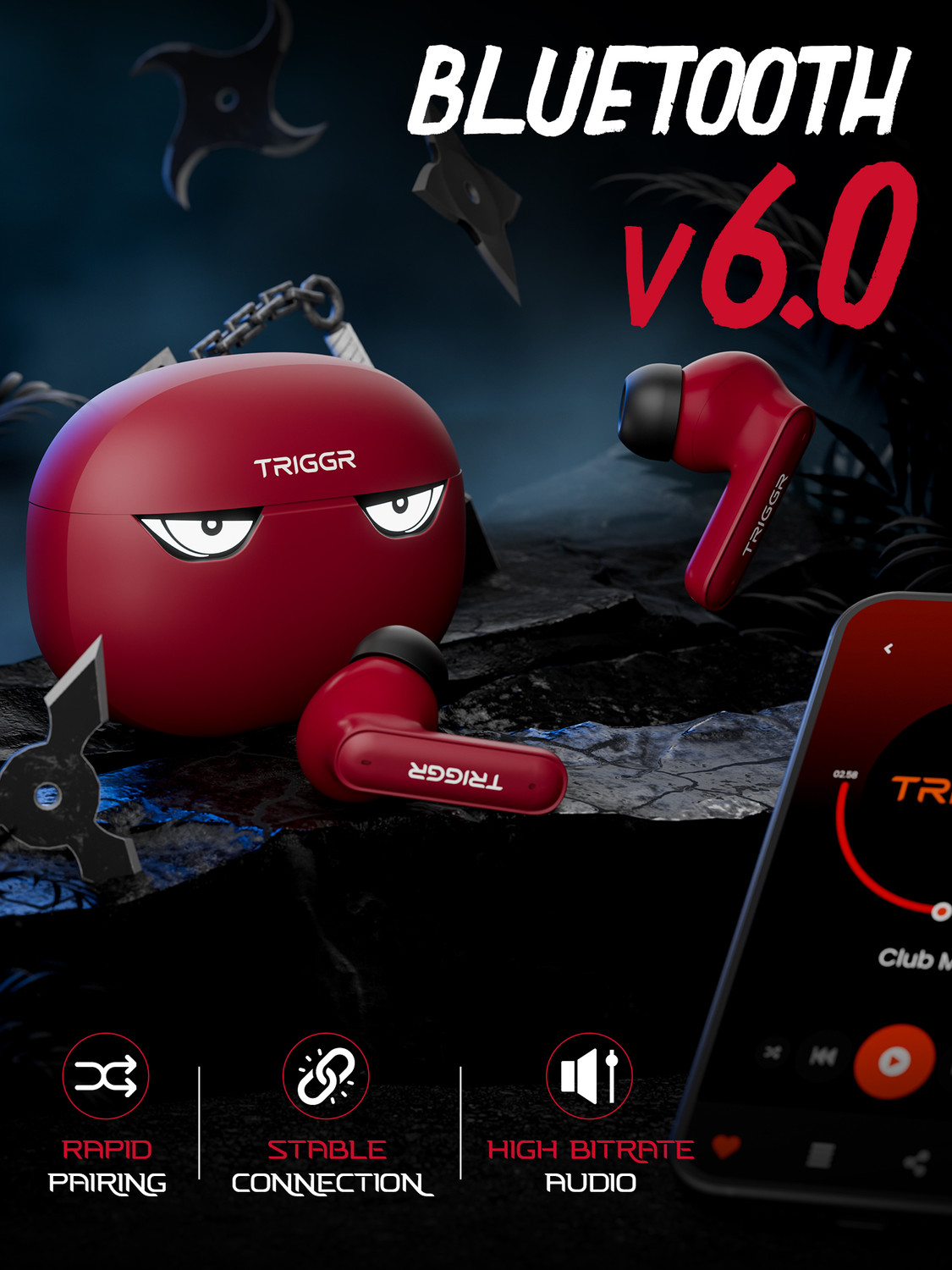 Image of TRIGGR Kraken X5 with 50H Battery, BT v6.0, 40 ms Low Latency, 4-Mic ENC, Rapid Pairing Bluetooth