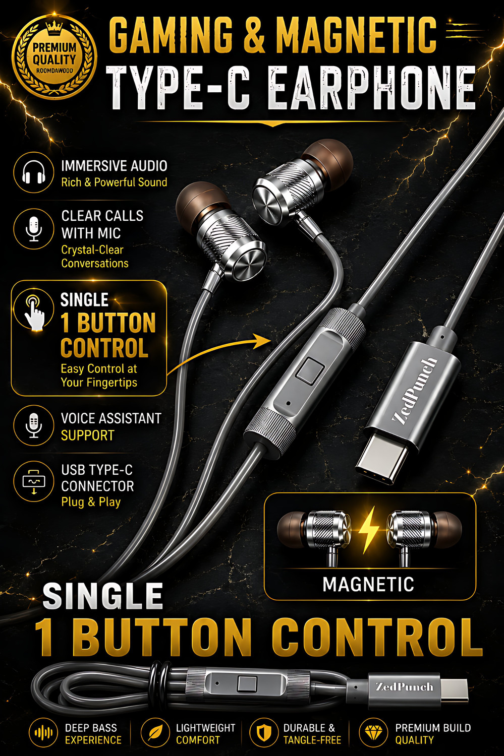 Image of ZedPunch Gaming Type-C Wired Magnetic Earphones With Mic & 1 Button Control USB-C Devices Wired Gaming