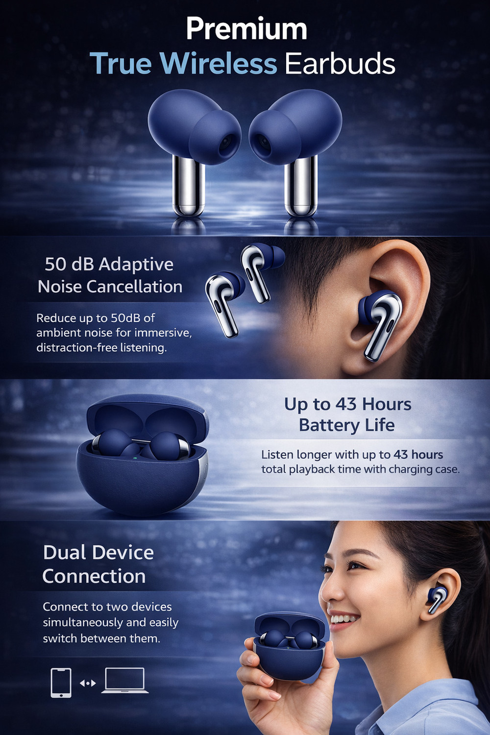 Image of Lynacz Original Compatible For OnePlus Buds Pro 3 Bluetooth Earbuds Noise Cancellation - (Blue) Bluetooth