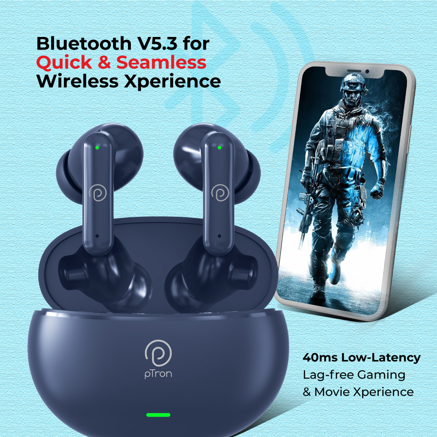 Image of PTron Basspods Turbo - 200hrs Playback, AI ENC 4 Mic,Deep Bass,Emergency Power bank Bluetooth
