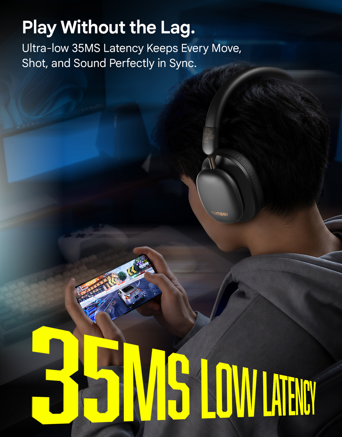 Image of Number Headit Pro 100H Battery, Dual Pairing, 40mm Hi-Bass Drivers, AI ENC, 35ms Gaming Bluetooth & Wired
