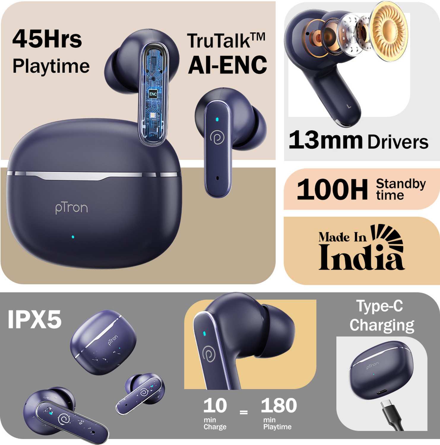 Image of PTron Bassbuds Eon w / 45hrs Playtime, 13mm Drivers, AI-ENC Calls,Custom EQ, Mobile App Bluetooth