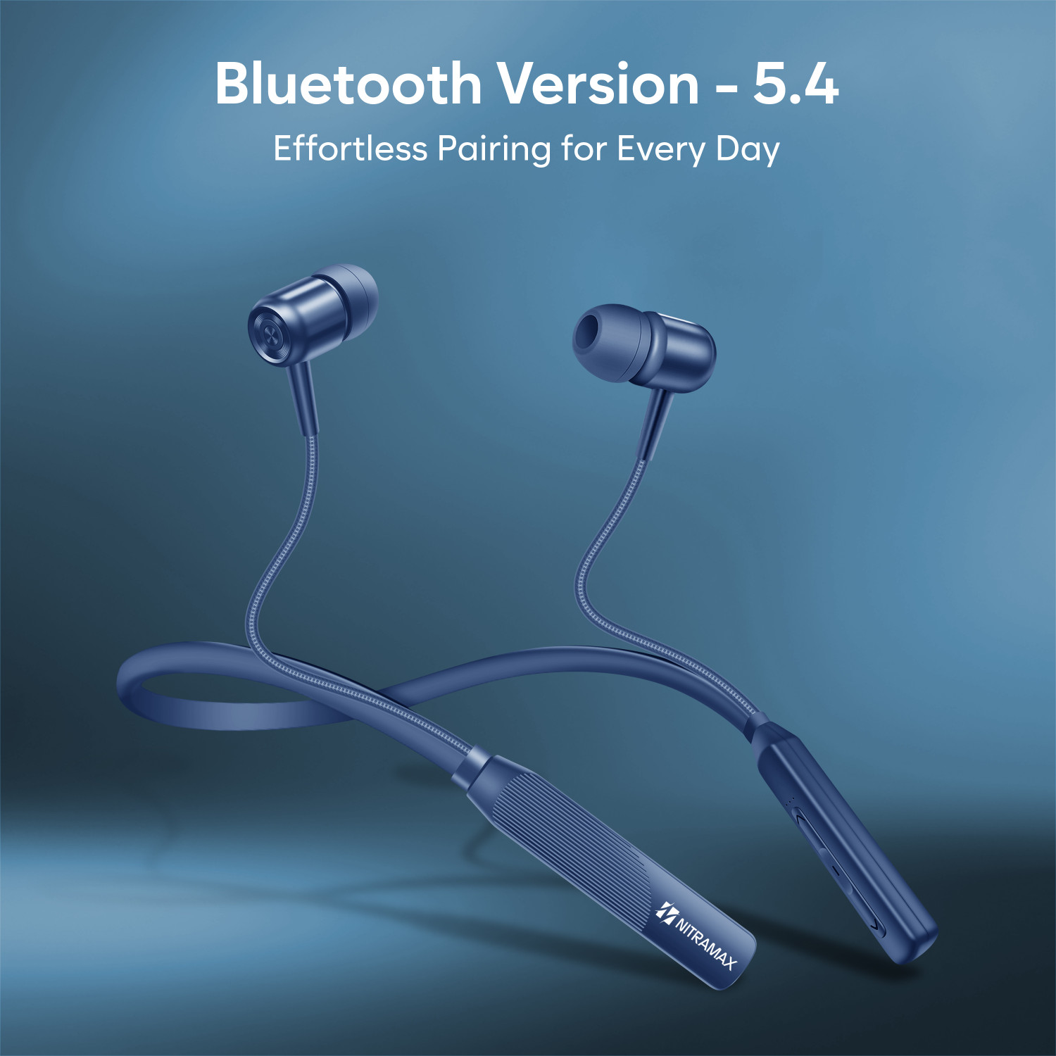 Image of NITRAMAX Bluetooth Neckband Earphones, Blue, 20 Hour Playtime,Bluetooth 5.4 V Bluetooth
