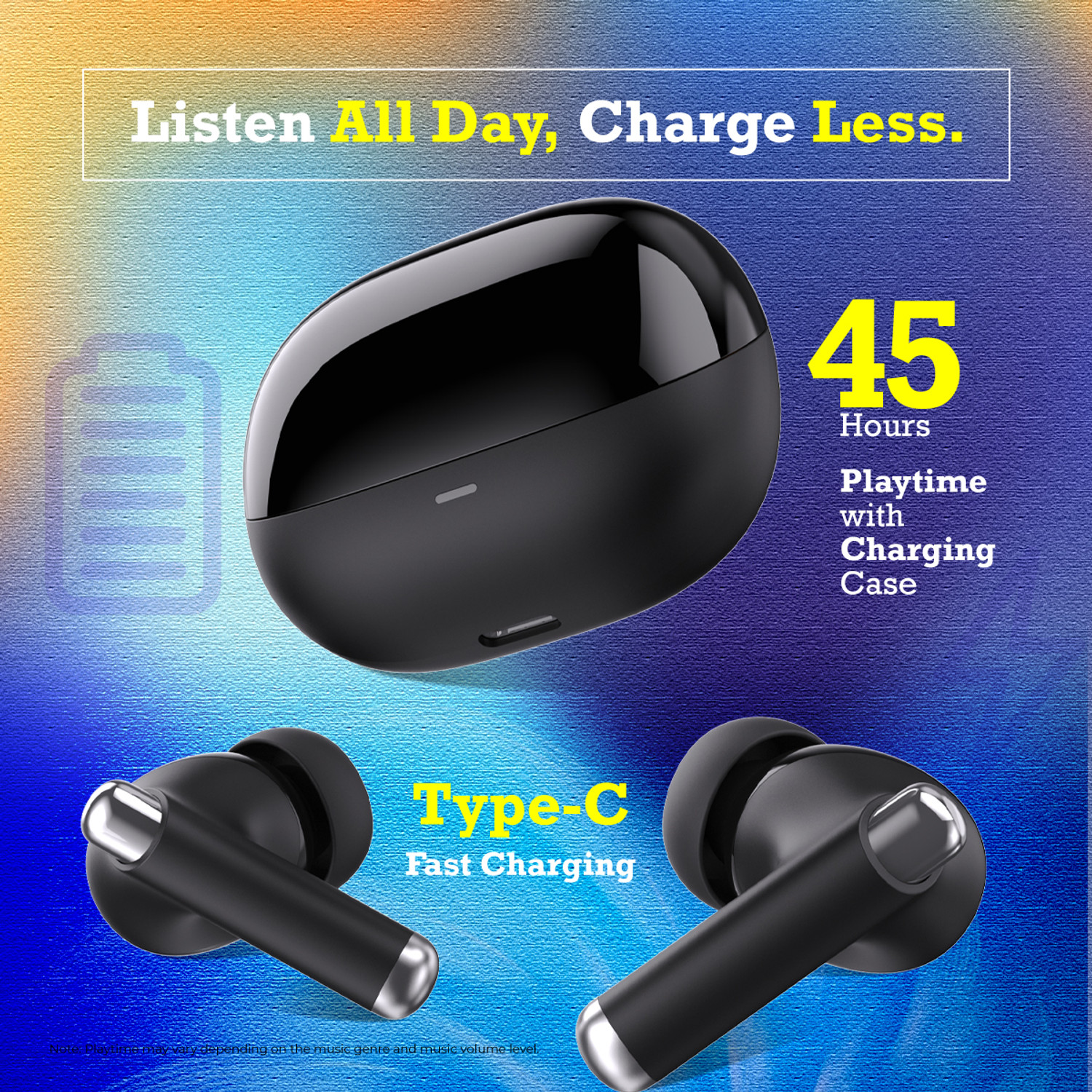 Image of PTron Basspods Groovx ANC 34dB,45Hrs Playback, ENC 4 HD Mics, 40ms Low Latency Bluetooth Headset (Black, True Wireless)