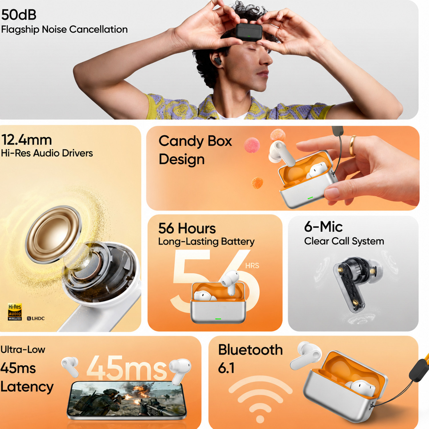 Image of AMS Buds T500 Pro with 50dB ANC|12.4mm Hi-res Drivers|Spatial Audio|56 Hrs Playtime Bluetooth Headset (Orange, True Wireless)