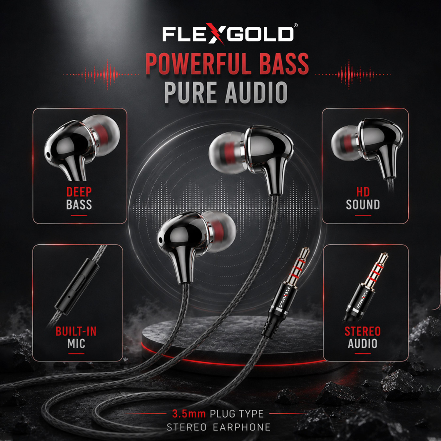 Image of Flex Gold Wired In-Ear Earphones with In-Line Mic, Clear Audio for Music & Calls Wired