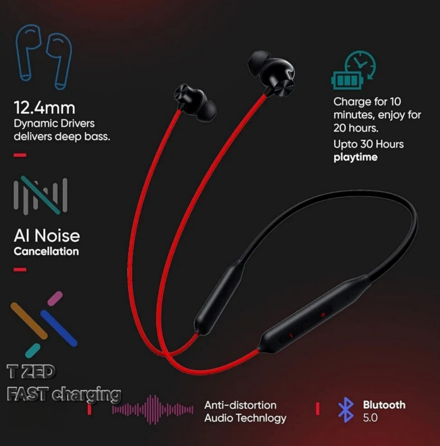 Image of T ZED Wireless Z3 ANC&ENC Earphones&Neckband Music time 100 Hours Bluetooth