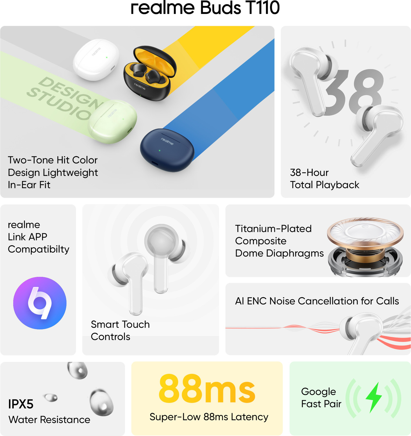 Image of realme Buds T110 (RMA2306) with AI ENC for calls, 38 hours of Playback and Deep Bass� Bluetooth