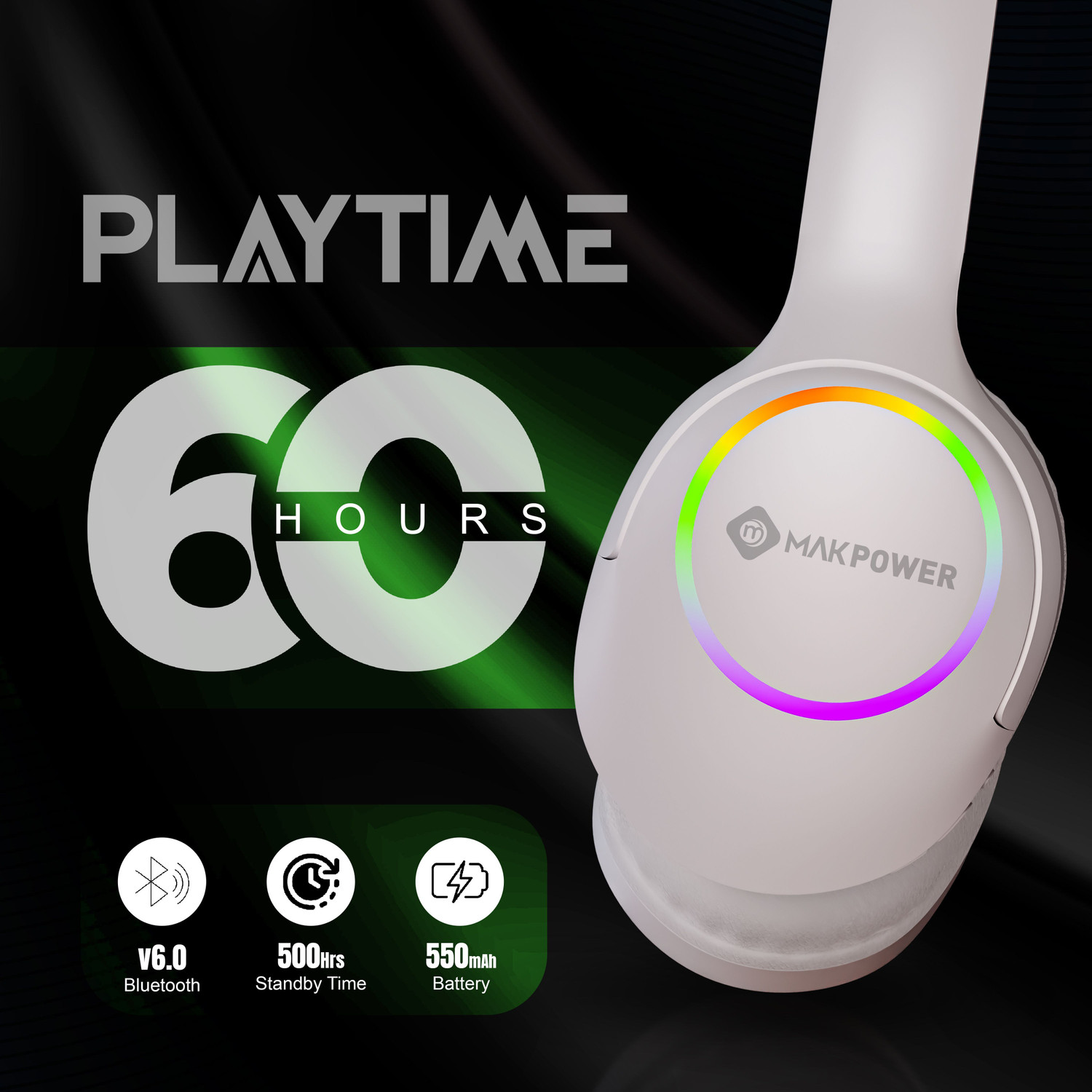 Image of MAK POWER CRUSHER with 60H Playback, Perfect for Music, Gaming & Calls Wireless Over-Ear Bluetooth