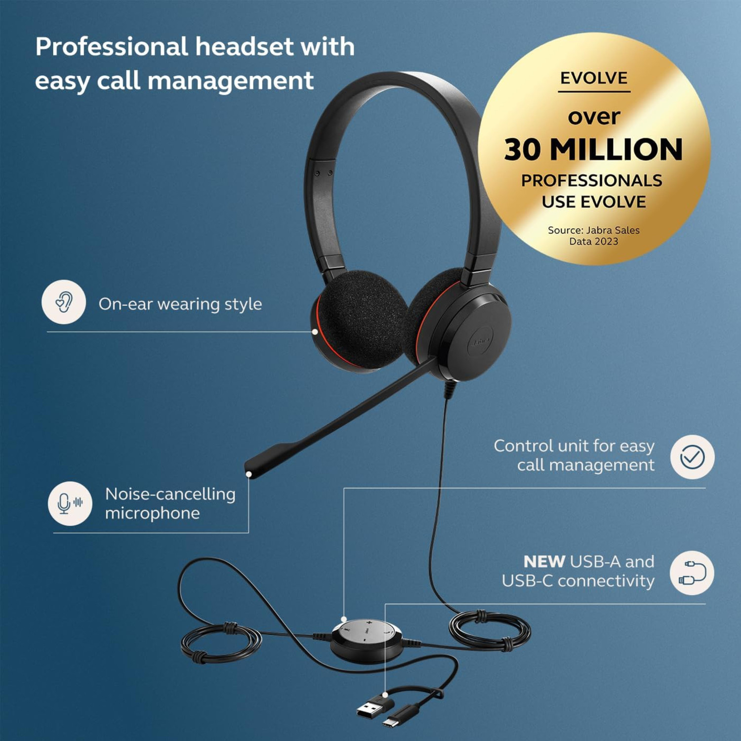Image of JABRA Evolve 20 USB-C /A Headset with Noise Cancelling Mic for Calls Wired