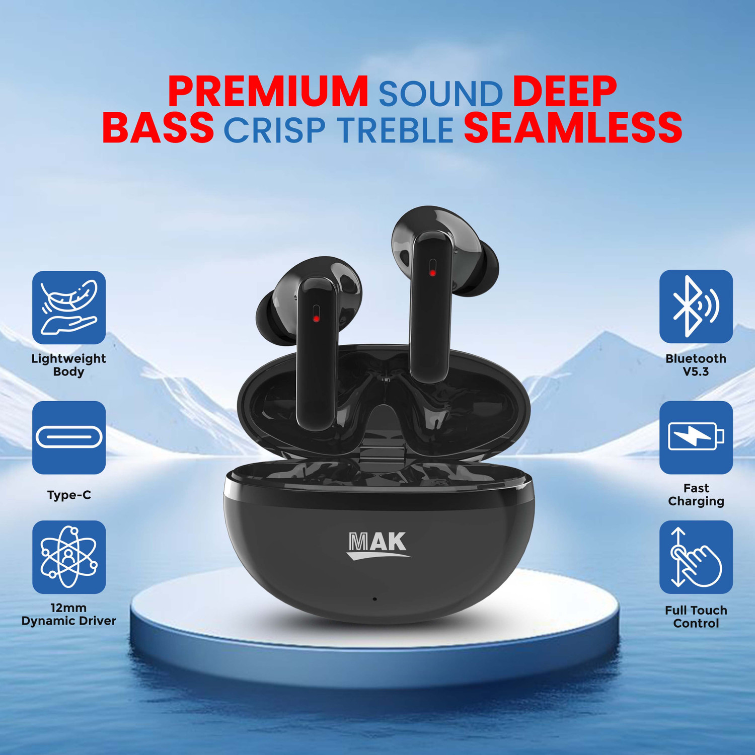 Image of MAK Pro TWS Earbuds with HD Sound, Deep Bass & Long Battery Life Bluetooth