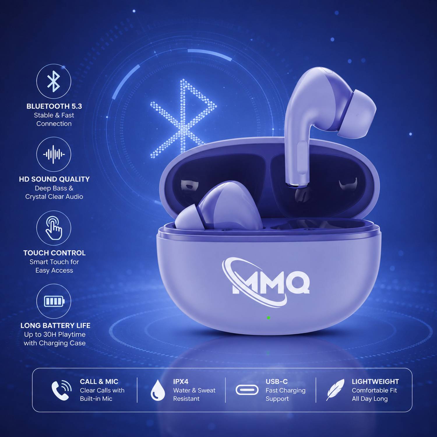 MMQ Wireless Earbuds Bluetooth Purple - Image 3
