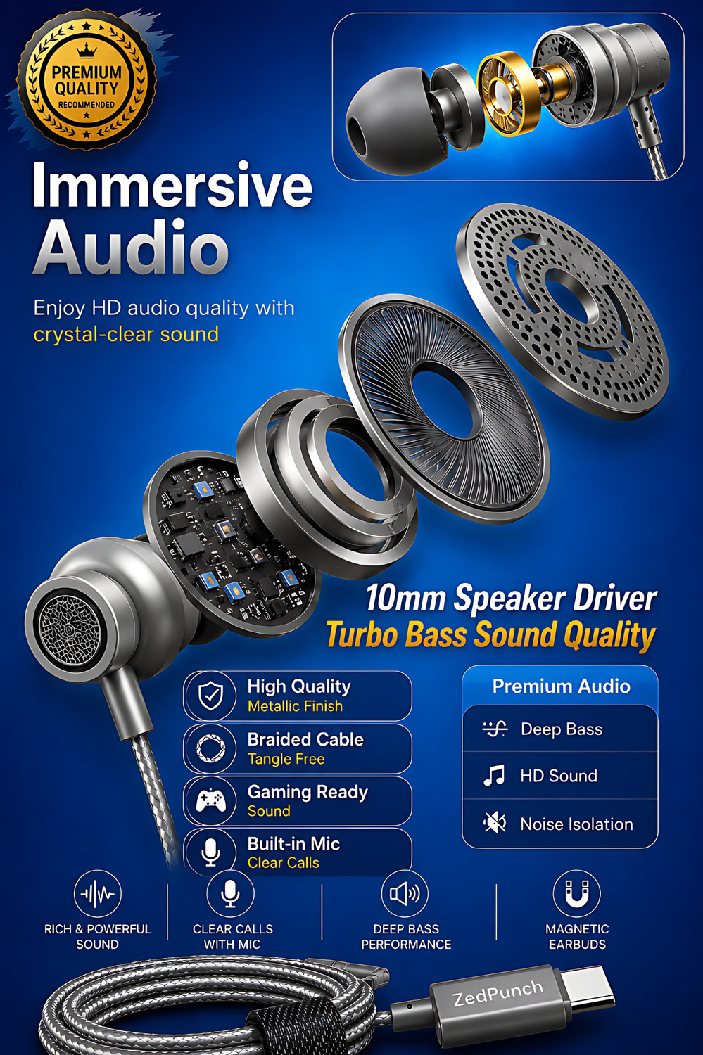Image of ZedPunch Gaming Type-C Wired Magnetic Earphones With Mic & 1 Button Control USB-C Device Wired Gaming