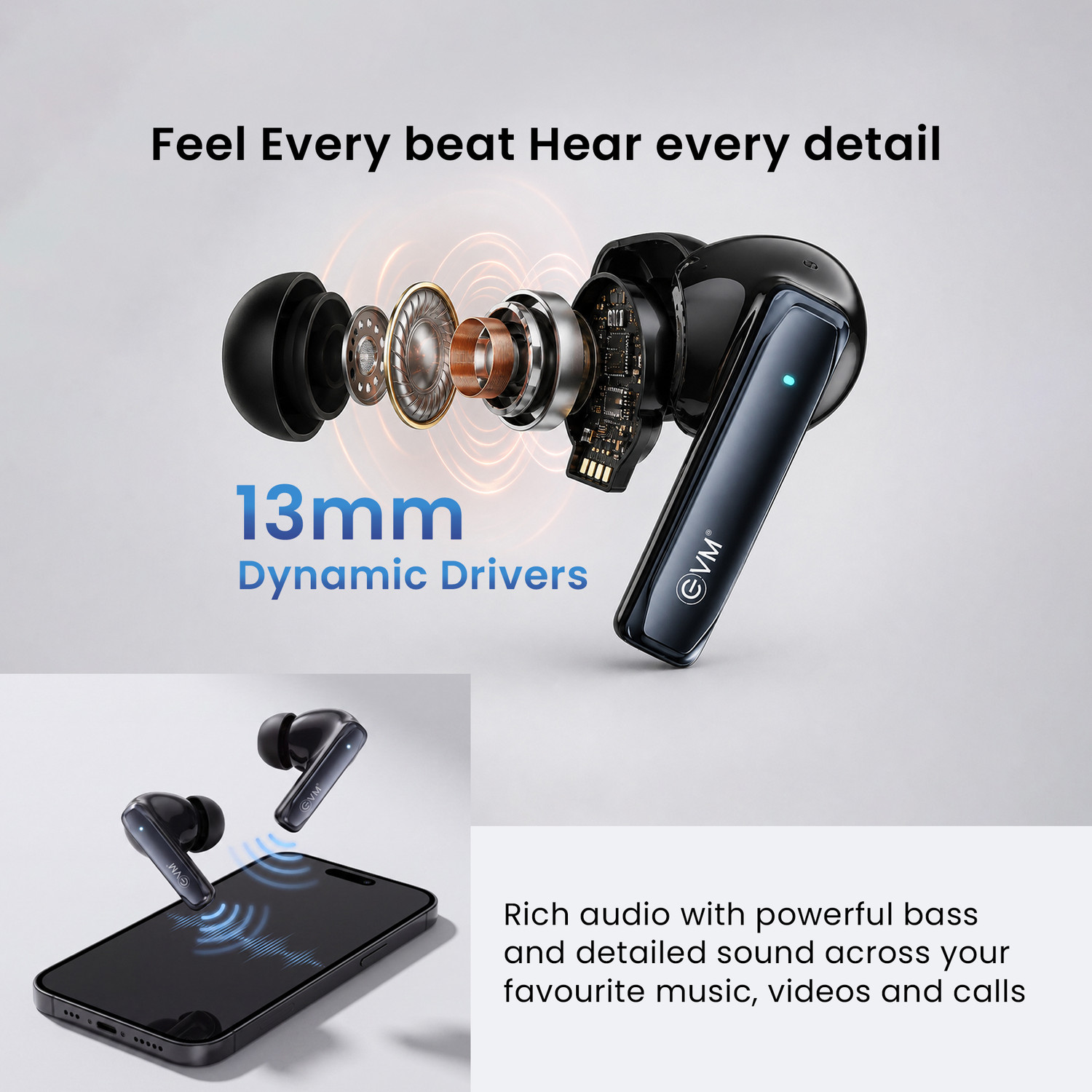 Image of EVM EnPods with Superior Bass, Immersive Sound, HD Calling Mic, 10m Wireless Range Bluetooth