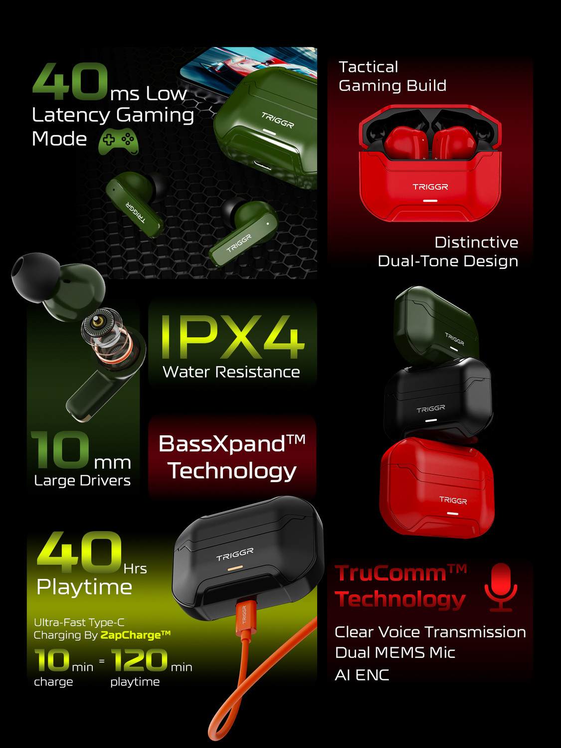 Image of TRIGGR Raze 1 with 40H Battery, 40ms Low Latency, Dual ENC Mic, Tactical Design, v5.4 Bluetooth
