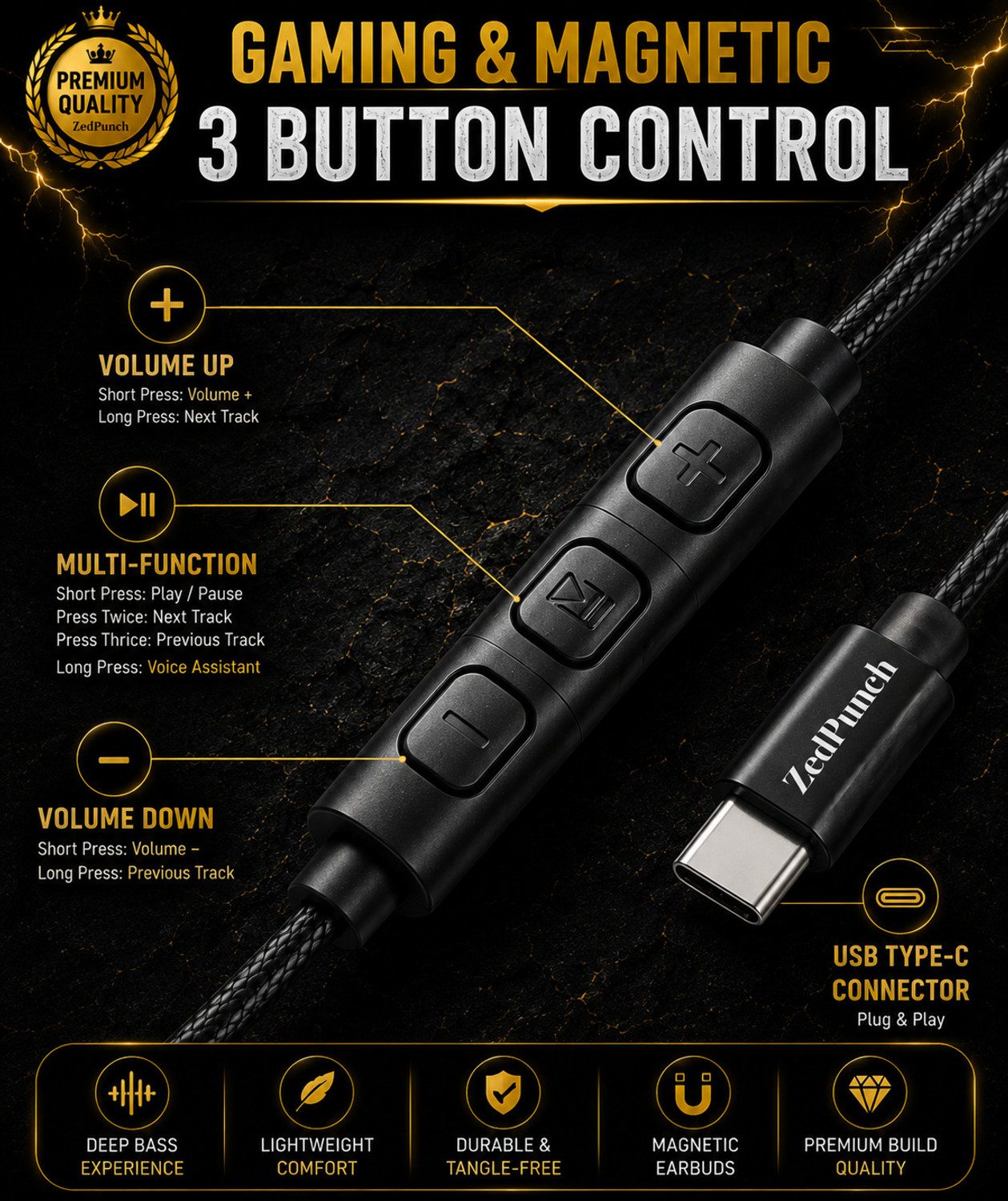 Image of ZedPunch Gaming Type C Wired Magnetic Earphones With Mic & 3 Button Control USB-C Device Wired Gaming